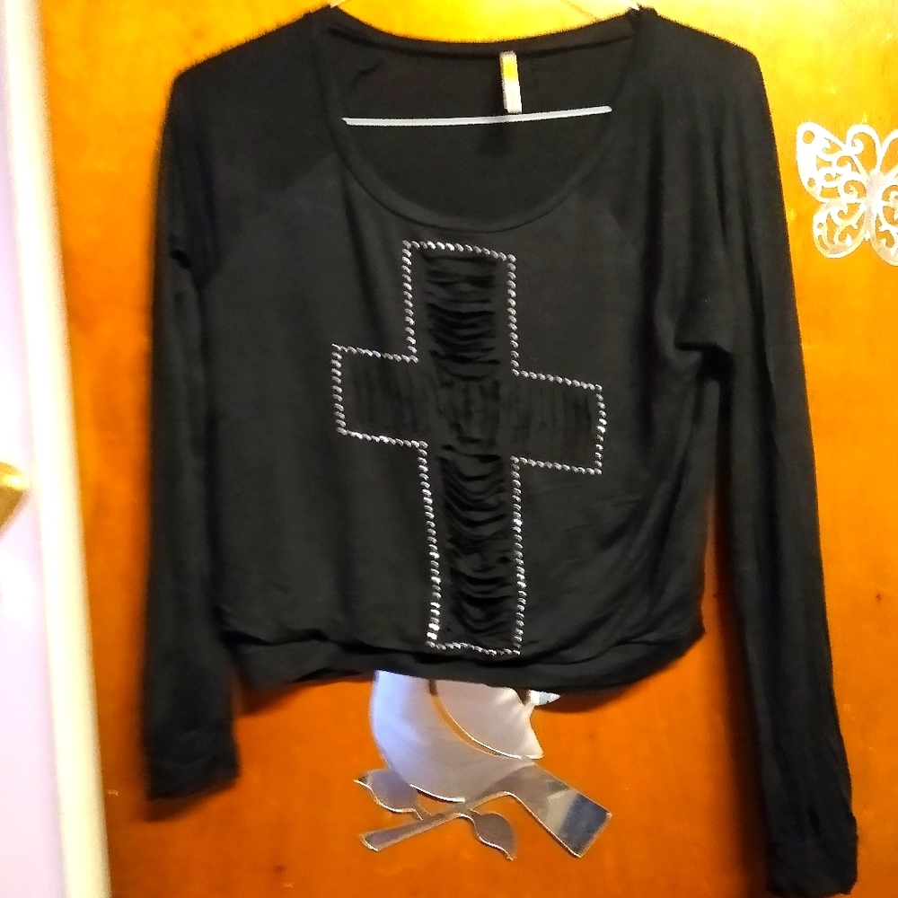 Black long sleeve embellish cross pullover Sz L